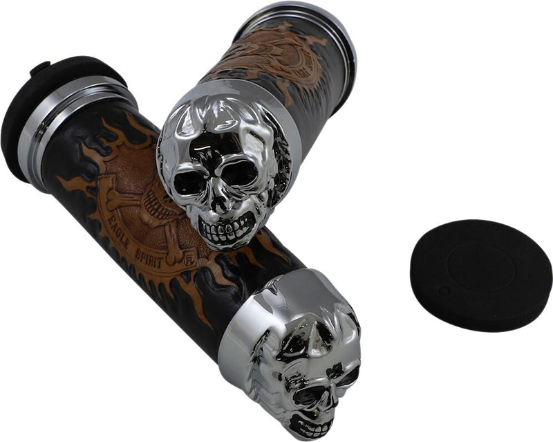 Drag Specialties Skull Grips Black Brown Cable Closed End Foam Leather Pair Black| Brown| Chrome - 74693B