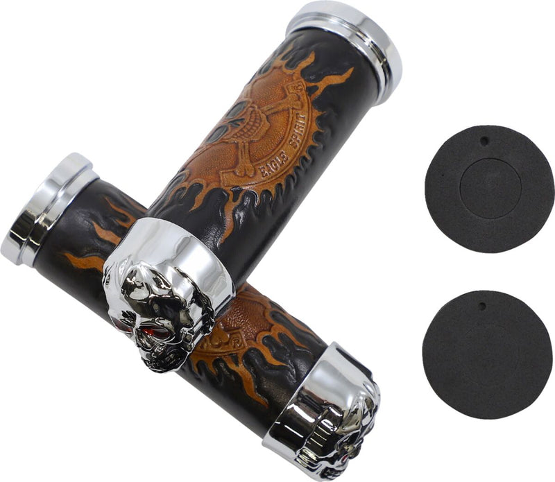 Drag Specialties Skull Grips Black Brown Cable Closed End Foam Leather Pair Black| Brown| Chrome| Red - 17-0505CDTS