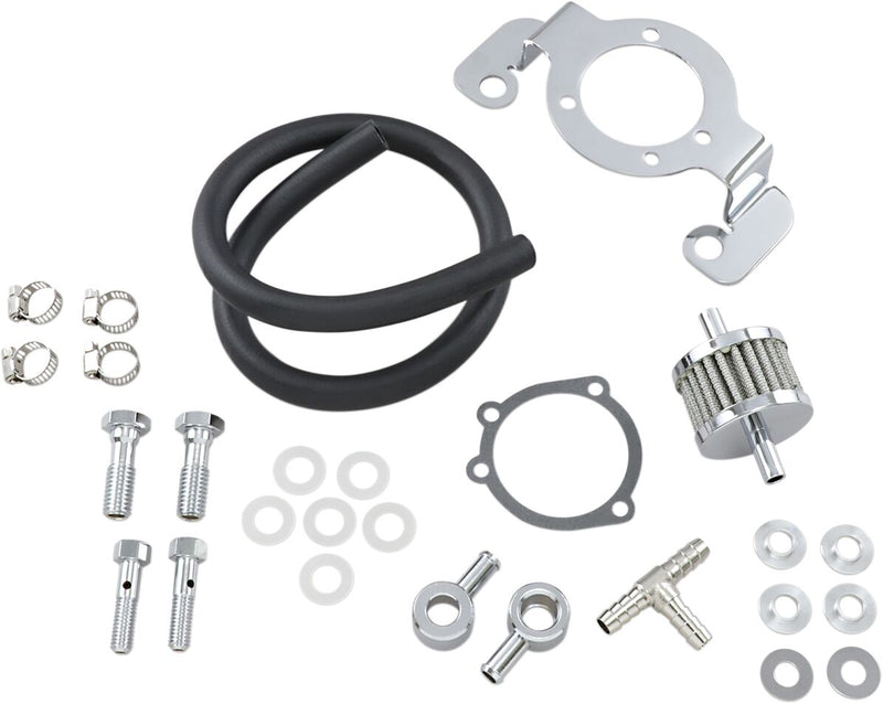 Drag Specialties Crankcase Breather with Support Bracket Kit Crankcase Breather/Support Bracket Kit Black Chrome Silver - 120084