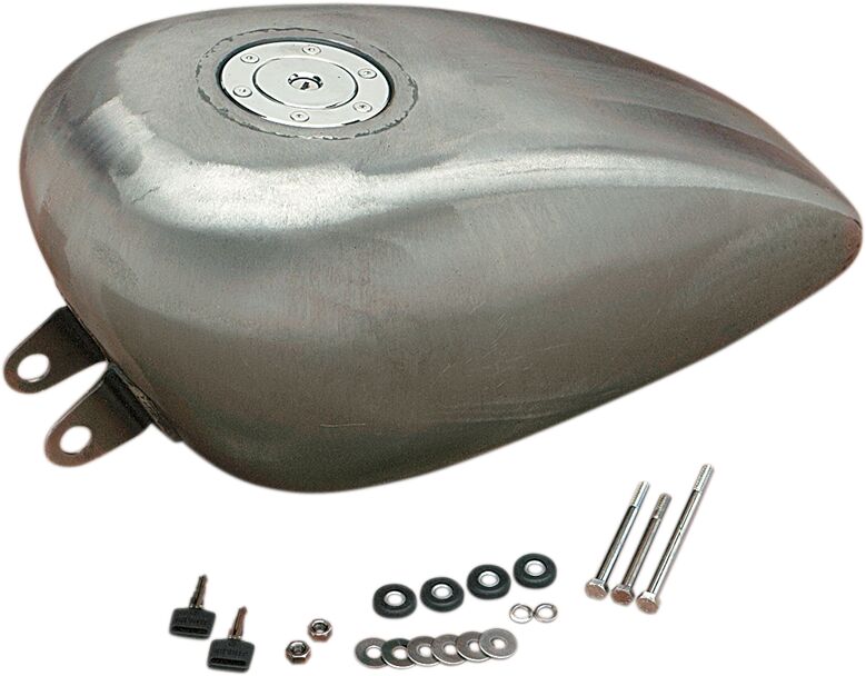 Drag Specialties Gas Tank with Chrome Aero-Style Gas Cap Raw Silver High Tunnel Rubber Mount Steel Each