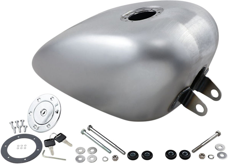 Drag Specialties Gas Tank with Chrome Aero-Style Gas Cap Raw Silver High Tunnel Rubber Mount Steel Each