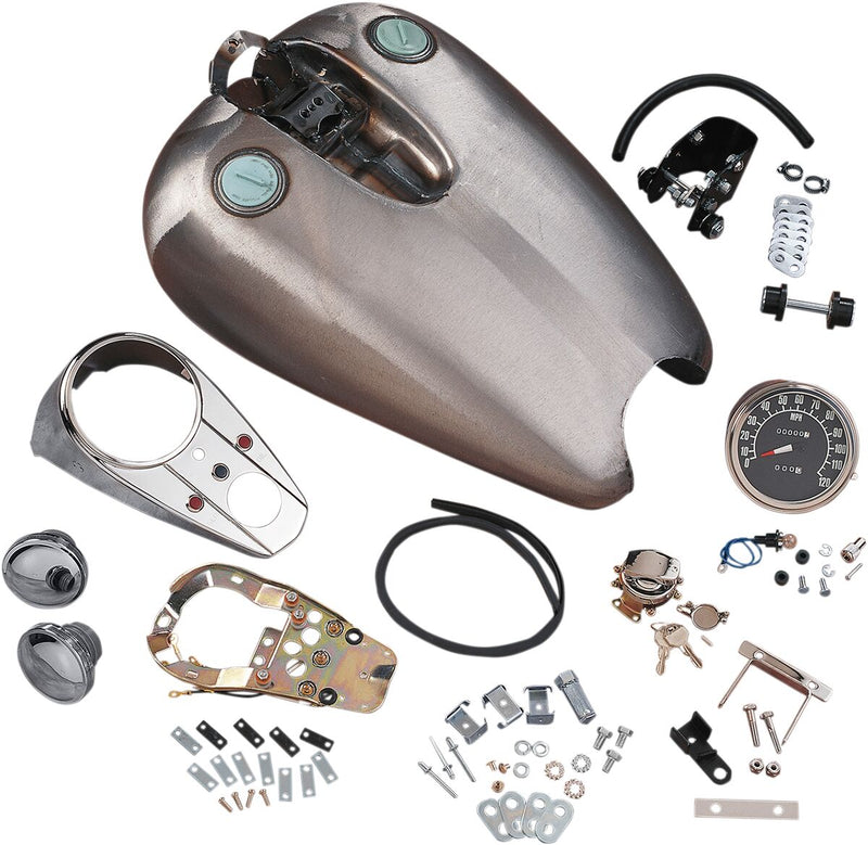 Drag Specialties Extended Dash-Style Rubber-Mount Quickbob® Tank Kit Fuel Tank Raw Silver Extended 2" Rubber Mount Steel - 11603-BX46