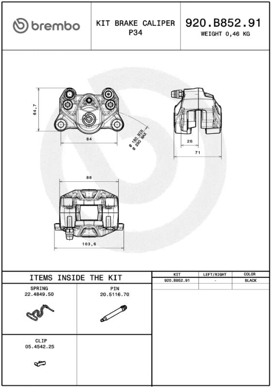 Brembo P2.34 REAR BRAKE CALIPER - Black, 2 Piston - 920B85291