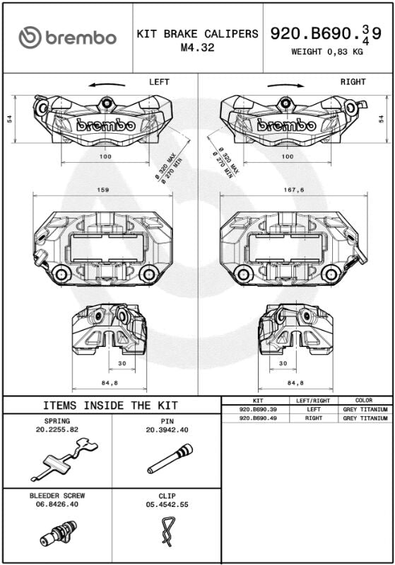 Brembo M4.32 BRAKE CALIPERS PRIME LINE - Front Left, Grey
