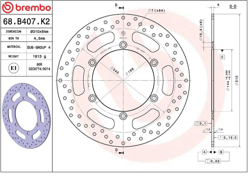 Brembo BRAKE ROTOR FIXED SERIE ORO PRIME LINE - Silver, Stainless Steel, One Piece (Fixed) - 68B407K2