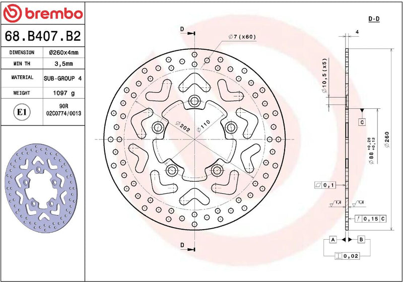 Brembo BRAKE ROTOR FIXED SERIE ORO PRIME LINE - Silver, One Piece (Fixed) - 68B407B2
