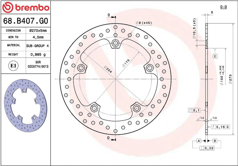 Brembo BRAKE ROTOR FIXED SERIE ORO PRIME LINE - Silver, Stainless Steel, One Piece (Fixed) - 68B407G0