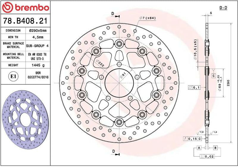 Brembo BRAKE ROTOR FLOATING SERIE ORO PRIME LINE - Black, Silver, Stainless Steel, Two Piece (Floating) - 78B40821