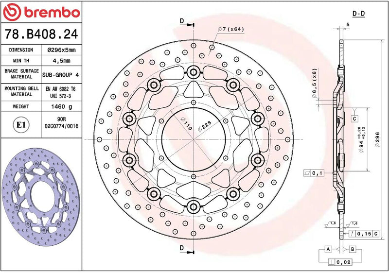 Brembo BRAKE ROTOR FLOATING SERIE ORO PRIME LINE - Black, Silver, Stainless Steel, Two Piece (Floating) - 78B40824