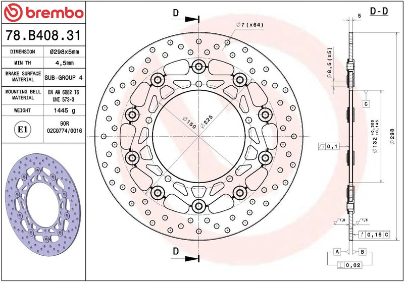 Brembo BRAKE ROTOR FLOATING SERIE ORO PRIME LINE - Black, Silver, Stainless Steel, Two Piece (Floating) - 78B40831