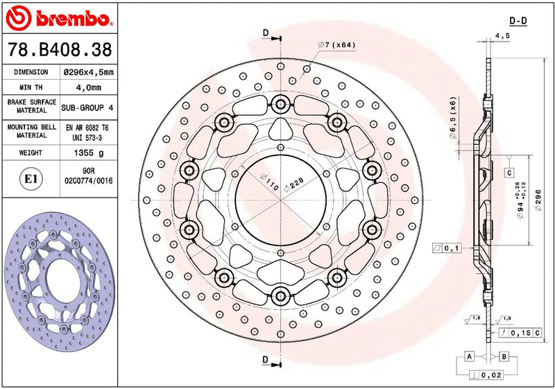 Brembo BRAKE ROTOR FLOATING SERIE ORO PRIME LINE - Black, Silver, Stainless Steel, Two Piece (Floating) - 78B40838