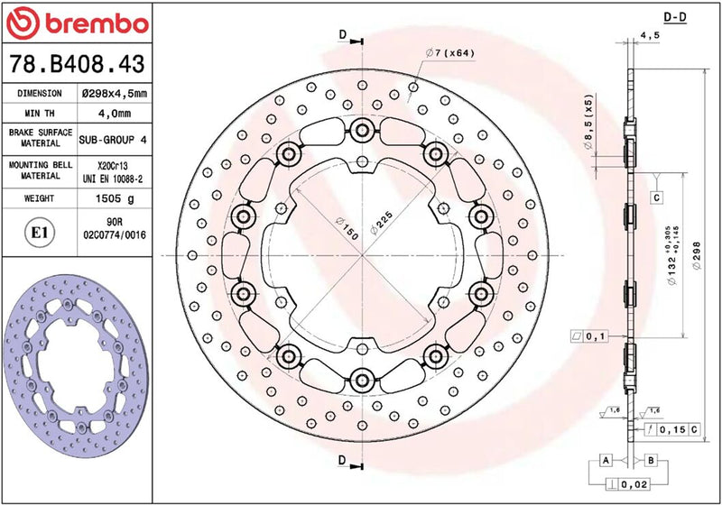 Brembo BRAKE ROTOR FLOATING SERIE ORO PRIME LINE - Black, Silver, Stainless Steel, Two Piece (Floating) - 78B40843