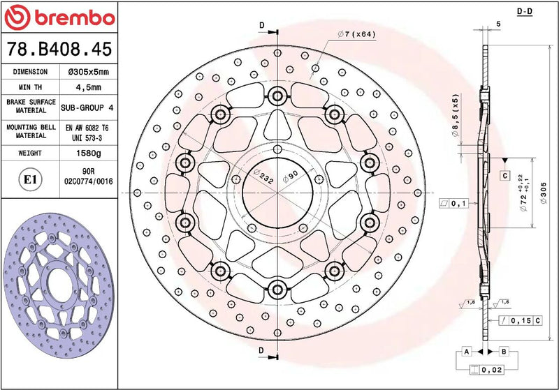 Brembo BRAKE ROTOR FLOATING SERIE ORO PRIME LINE - Black, Silver, Stainless Steel, Two Piece (Floating) - 78B40845