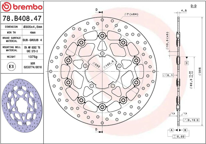 Brembo BRAKE ROTOR FLOATING SERIE ORO PRIME LINE - Black, Silver, Stainless Steel, Two Piece (Floating) - 78B40847
