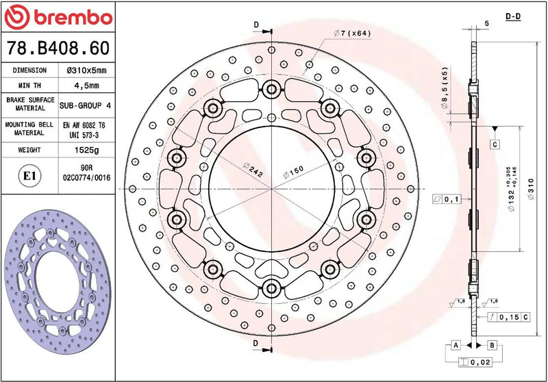 Brembo BRAKE ROTOR FLOATING SERIE ORO PRIME LINE - Black, Silver, Stainless Steel, Two Piece (Floating) - 78B40860