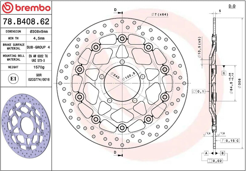 Brembo BRAKE ROTOR FLOATING SERIE ORO PRIME LINE - Black, Silver, Stainless Steel, Two Piece (Floating) - 78B40862