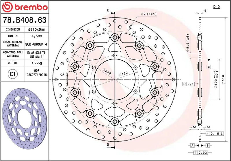 Brembo BRAKE ROTOR FLOATING SERIE ORO PRIME LINE - Black, Silver, Stainless Steel, Two Piece (Floating) - 78B40863