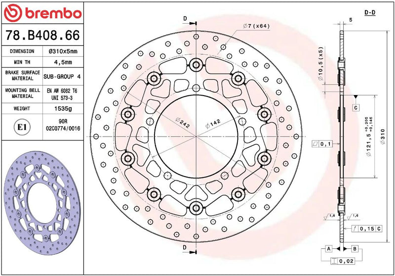 Brembo BRAKE ROTOR FLOATING SERIE ORO PRIME LINE - Black, Silver, Stainless Steel, Two Piece (Floating) - 78B40866