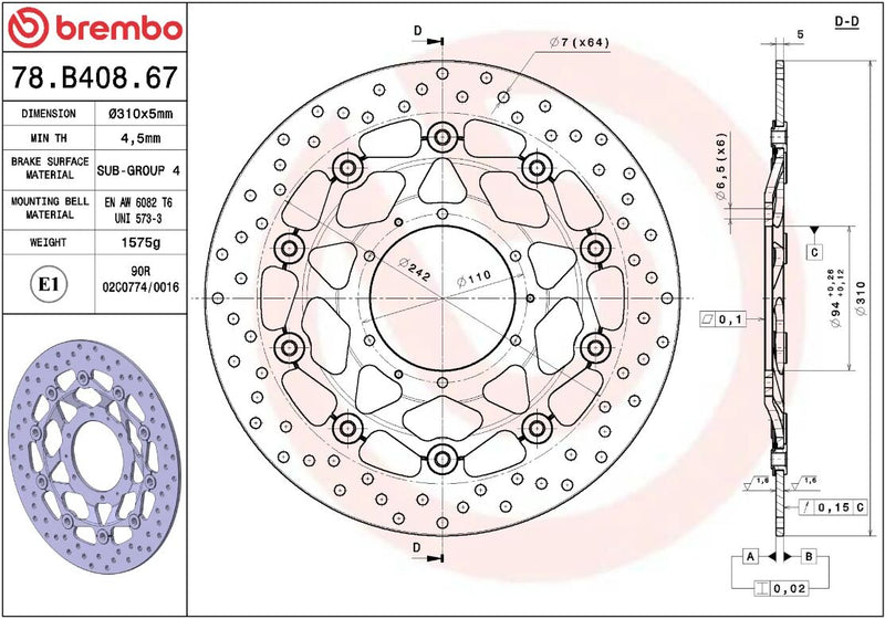Brembo BRAKE ROTOR FLOATING SERIE ORO PRIME LINE - Black, Silver, Stainless Steel, Two Piece (Floating) - 78B40867