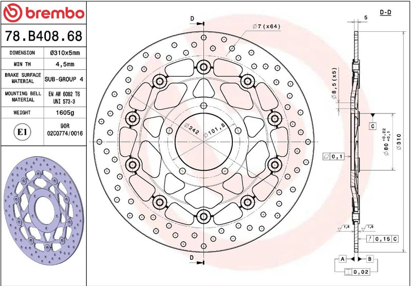Brembo BRAKE ROTOR FLOATING SERIE ORO PRIME LINE - Black, Silver, Stainless Steel, Two Piece (Floating) - 78B40868