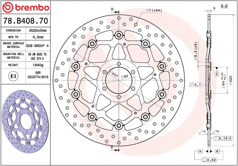 Brembo BRAKE ROTOR FLOATING SERIE ORO PRIME LINE - Black, Silver, Stainless Steel, Two Piece (Floating) - 78B40870