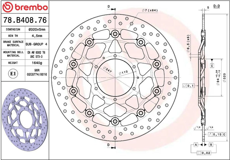 Brembo BRAKE ROTOR FLOATING SERIE ORO PRIME LINE - Black, Silver, Stainless Steel, Two Piece (Floating) - 78B40876