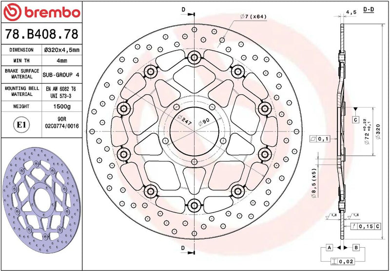 Brembo BRAKE ROTOR FLOATING SERIE ORO PRIME LINE - Black, Silver, Stainless Steel, Two Piece (Floating) - 78B40878