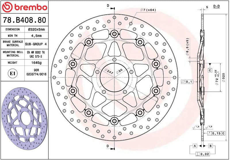 Brembo BRAKE ROTOR FLOATING SERIE ORO PRIME LINE - Black, Silver, Stainless Steel, Two Piece (Floating) - 78B40880