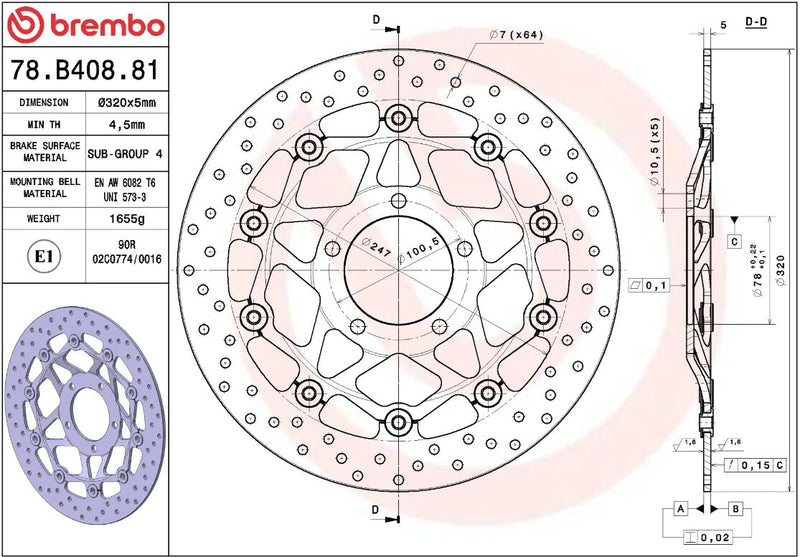 Brembo BRAKE ROTOR FLOATING SERIE ORO PRIME LINE - Black, Silver, Stainless Steel, Two Piece (Floating) - 78B40881