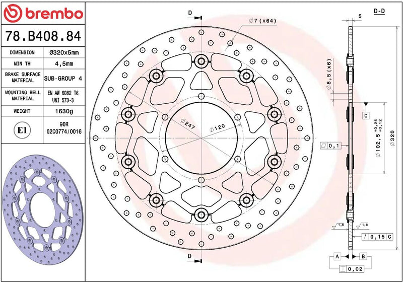 Brembo BRAKE ROTOR FLOATING SERIE ORO PRIME LINE - Black, Silver, Stainless Steel, Two Piece (Floating) - 78B40884