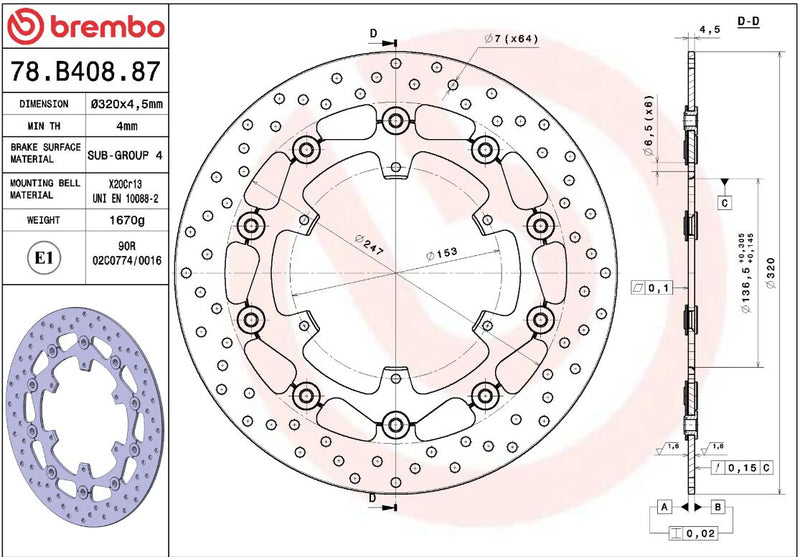 Brembo BRAKE ROTOR FLOATING SERIE ORO PRIME LINE - Black, Silver, Stainless Steel, Two Piece (Floating) - 78B40887