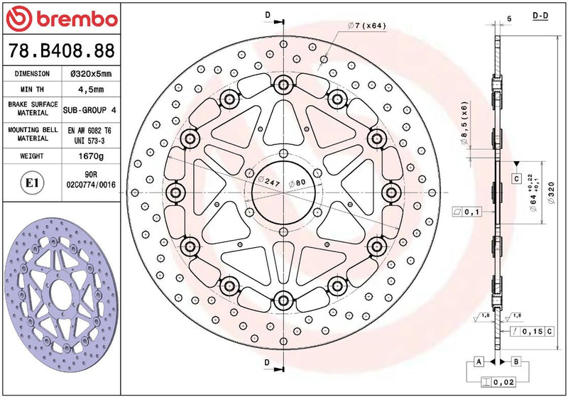 Brembo BRAKE ROTOR FLOATING SERIE ORO PRIME LINE - Black, Silver, Stainless Steel, Two Piece (Floating) - 78B40888