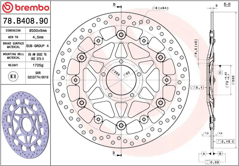 Brembo BRAKE ROTOR FLOATING SERIE ORO PRIME LINE - Black, Silver, Stainless Steel, Two Piece (Floating) - 78B40890