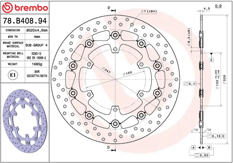 Brembo BRAKE ROTOR FLOATING SERIE ORO PRIME LINE - Black, Silver, Stainless Steel, Two Piece (Floating) - 78B40894