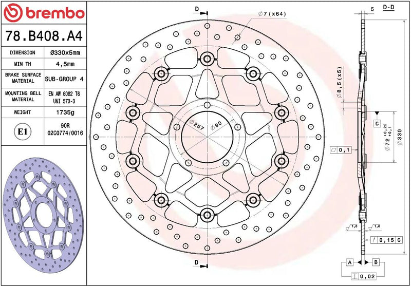 Brembo BRAKE ROTOR FLOATING SERIE ORO PRIME LINE - Black, Silver, Stainless Steel, Two Piece (Floating) - 78B408A4
