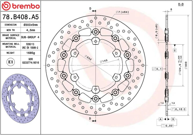Brembo BRAKE ROTOR FLOATING SERIE ORO PRIME LINE - Black, Silver, Stainless Steel, Two Piece (Floating) - 78B408A5