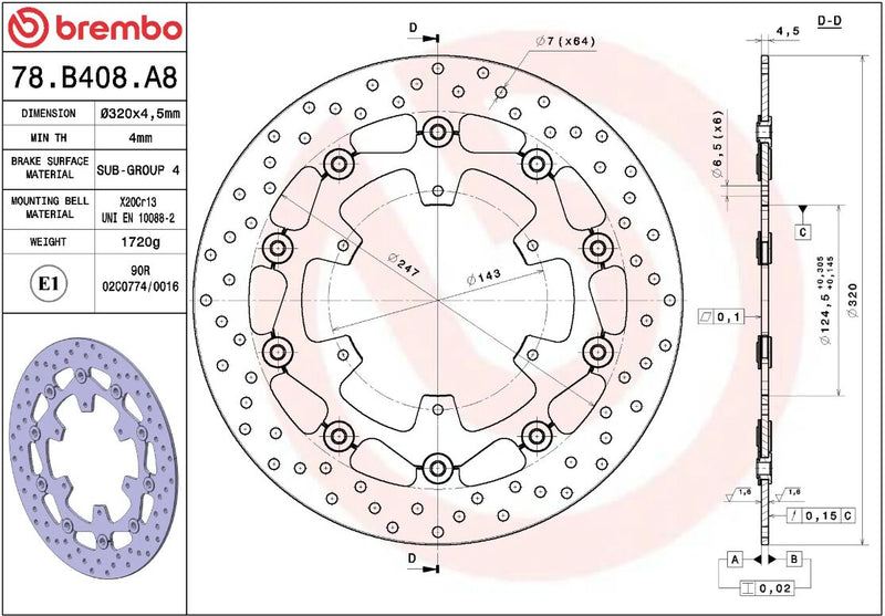 Brembo BRAKE ROTOR FLOATING SERIE ORO PRIME LINE - Black, Silver, Stainless Steel, Two Piece (Floating) - 78B408A8