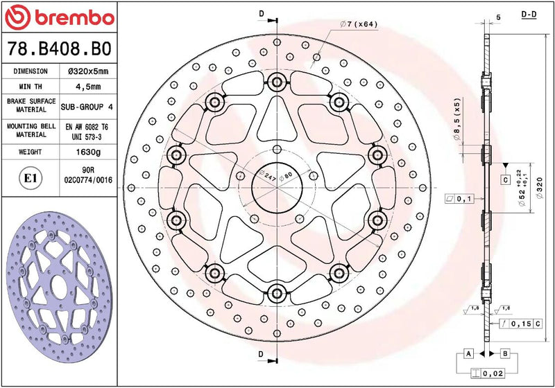 Brembo BRAKE ROTOR FLOATING SERIE ORO PRIME LINE - Black, Silver, Stainless Steel, Two Piece (Floating) - 78B408B0