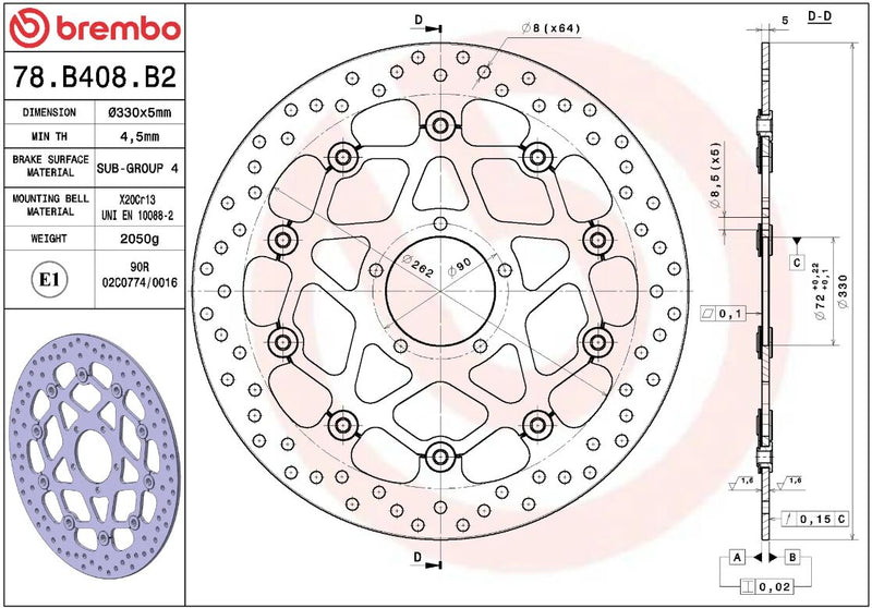 Brembo BRAKE ROTOR FLOATING SERIE ORO PRIME LINE - Black, Silver, Stainless Steel, Two Piece (Floating) - 78B408B2