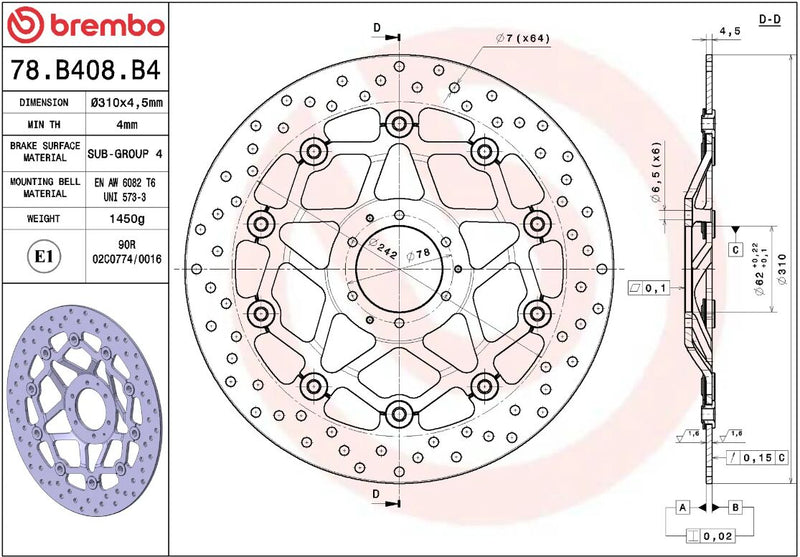 Brembo BRAKE ROTOR FLOATING SERIE ORO PRIME LINE - Black, Silver, Stainless Steel, Two Piece (Floating) - 78B408B4