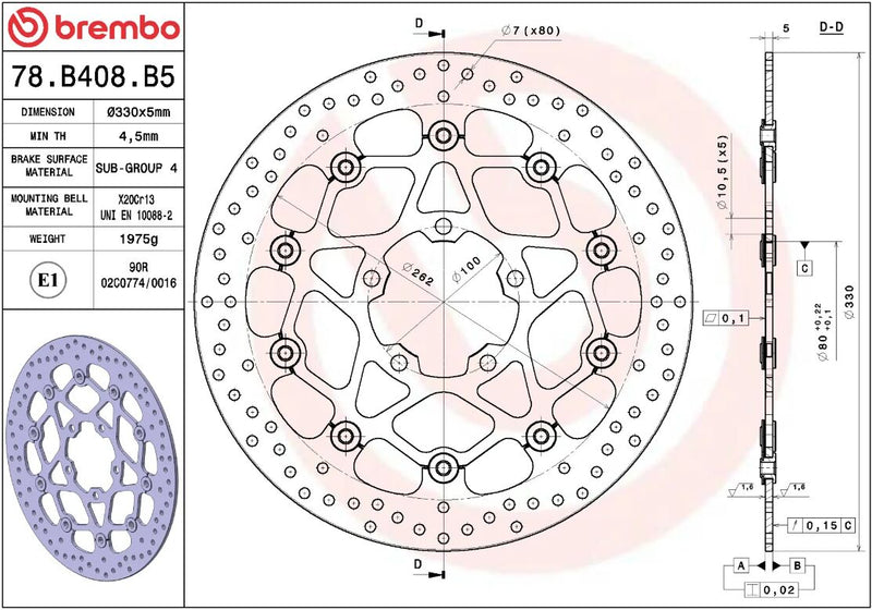 Brembo BRAKE ROTOR FLOATING SERIE ORO PRIME LINE - Black, Silver, Stainless Steel, Two Piece (Floating) - 78B408B5