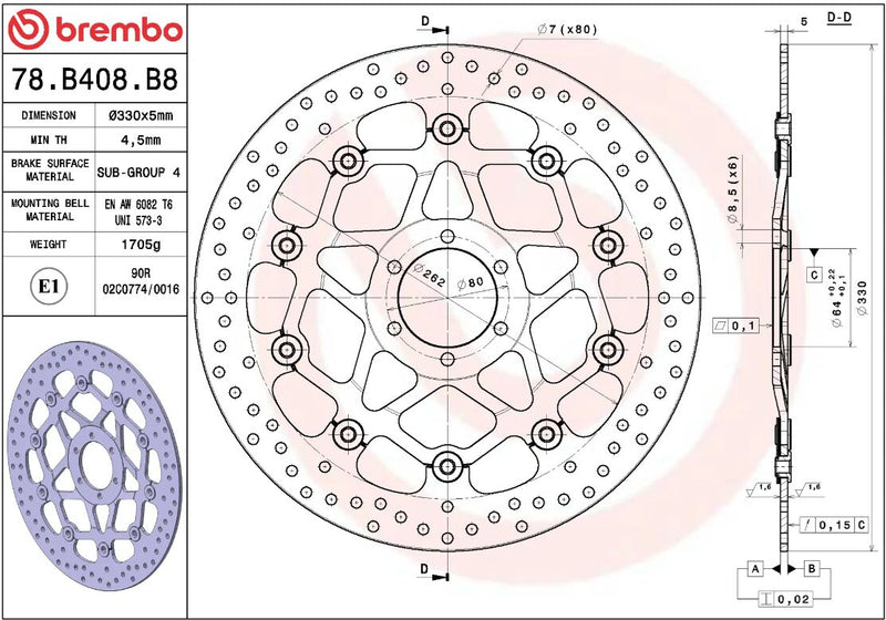 Brembo BRAKE ROTOR FLOATING SERIE ORO PRIME LINE - Black, Silver, Stainless Steel, Two Piece (Floating) - 78B408B8