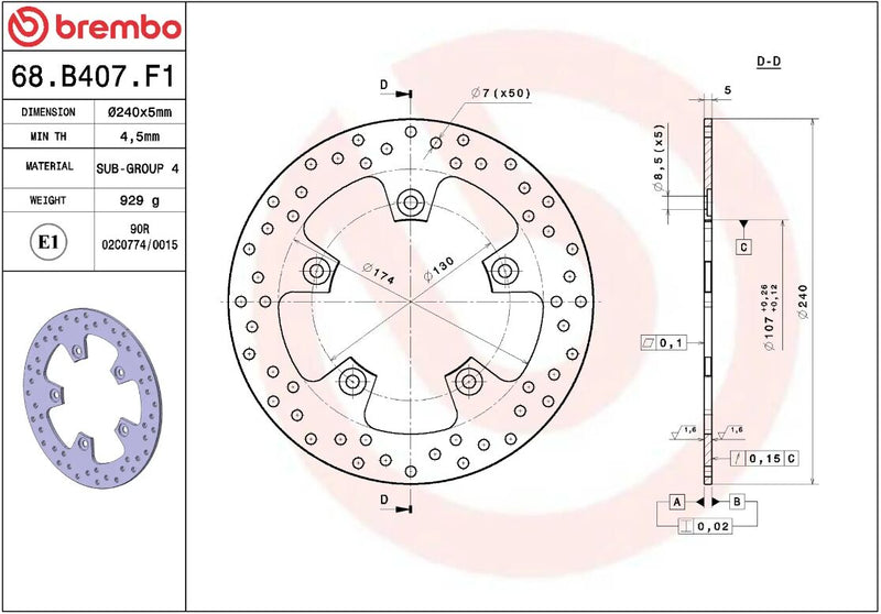 Brembo BRAKE ROTOR FIXED SERIE ORO PRIME LINE - Silver, Stainless Steel, One Piece (Fixed) - 68B407F1