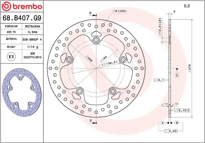 Brembo BRAKE ROTOR FIXED SERIE ORO PRIME LINE - Silver, Stainless Steel, One Piece (Fixed) - 68B407G9