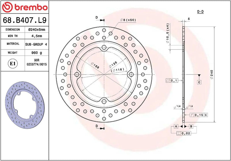 Brembo BRAKE ROTOR FIXED SERIE ORO PRIME LINE - Silver, Stainless Steel, One Piece (Fixed) - 68B407L9