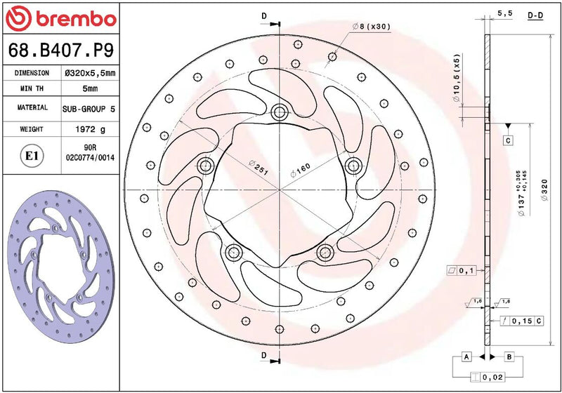 Brembo BRAKE ROTOR FIXED SERIE ORO PRIME LINE - Silver, Stainless Steel, One Piece (Fixed) - 68B407P9