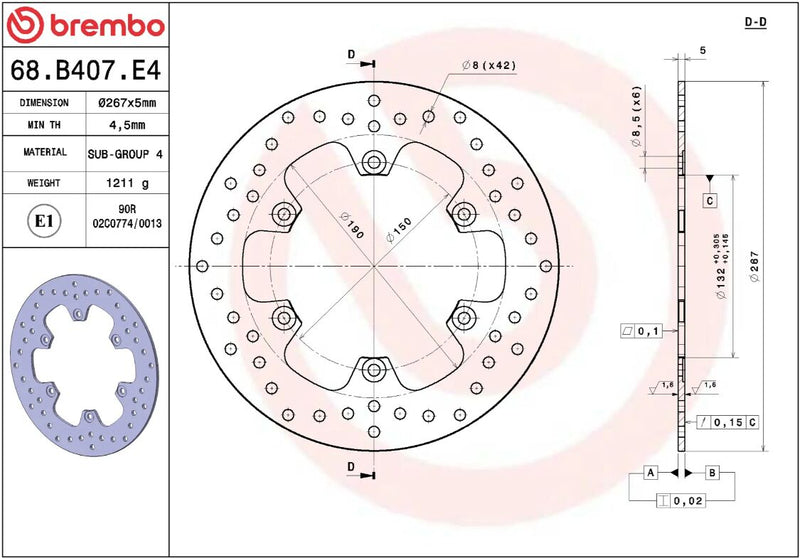 Brembo BRAKE ROTOR FIXED SERIE ORO PRIME LINE - Front, Rear, Stainless Steel - 68B407E4