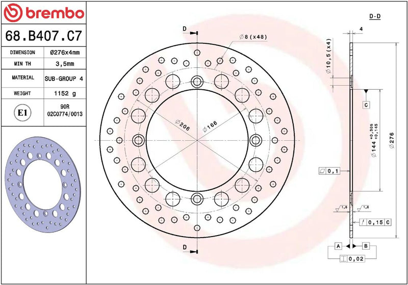 Brembo BRAKE ROTOR FIXED SERIE ORO PRIME LINE - Front, Rear, Stainless Steel - 68B407C7