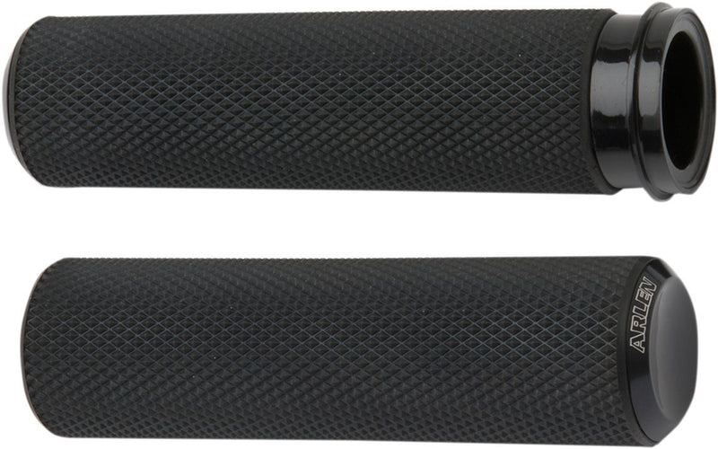 Arlen Ness Knurled Grips - Closed End /  Diamond Knurled /  No Flange /  No Waffle /  Throttle-By-Wire, Billet Aluminum /  Kraton for Harley-Davidson Touring, Softail, Dyna & Trike