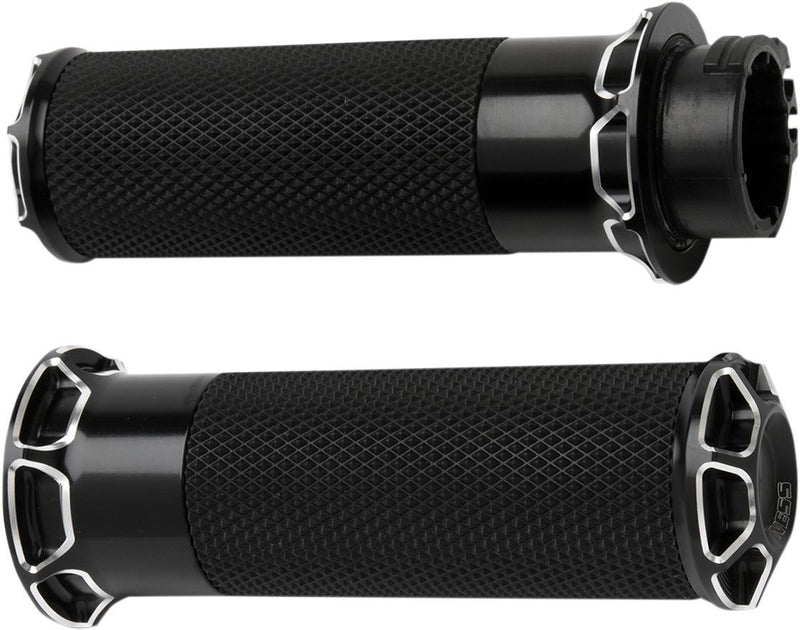 Arlen Ness Beveled Grips - Aluminum /  Rubber, Closed End /  Diamond Knurled /  Flange /  No Waffle /  Throttle-By-Wire, Pair - A for Harley-Davidson Touring, Softail, Dyna & Trike